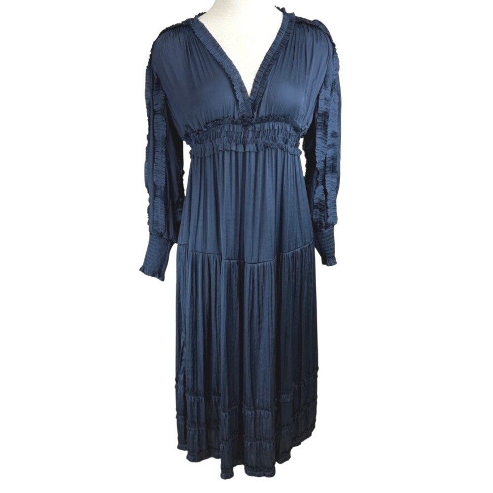 O.P.T. Navy Satin Ruffle Tiered Midi Dress|M|V-Neck Smocked Waist Balloon Sleeve